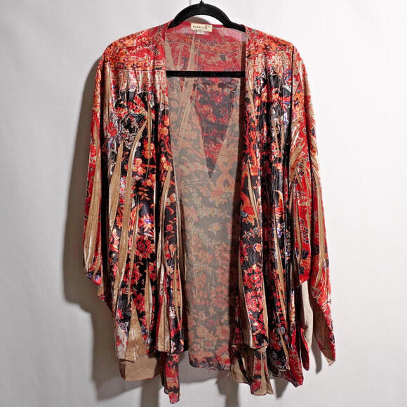 One‎ World Red Burnout Velvet Floral Bell Sleeve Open Cardigan Festival Boho 1X - Picture 1 of 8